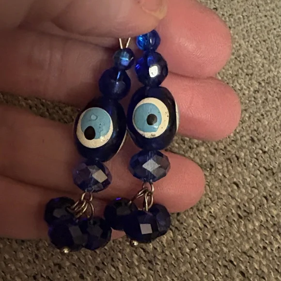Hand Crafted Blue Eye Charm Earrings With AB Crystals - Picture 2 of 2